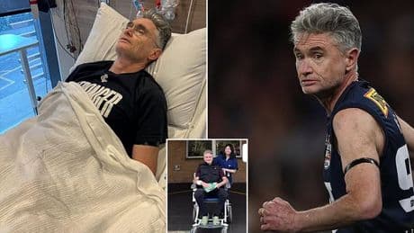 Dave Hughes gives health update after leaving hospital following charity AFL match that left him with five broken ribs and punctured lung