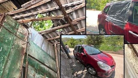 Garaj çatısına çıkan kurbanlık boğa, otomobilin üzerine düştü