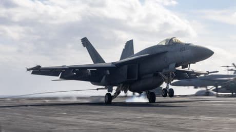 A US Navy aircraft carrier in the Red Sea fight just lost a third Super Hornet. The $60 million jet went overboard on landing.