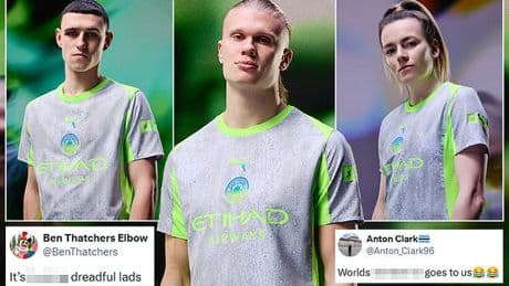 Man City's new third strip is labelled as the 'world's s******* kit' and 'dreadful' by their OWN supporters - as grey and green jersey which reflects Manchester rain fails to impress fans