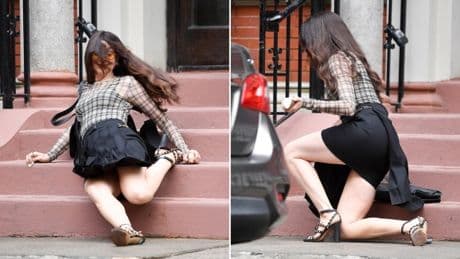 Anne Hathaway takes huge tumble down stairs while filming Devil Wears Prada 2