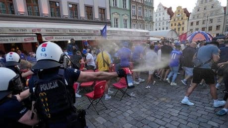 Chelsea and Real Betis supporters CLASH before European final with police using tear gas
