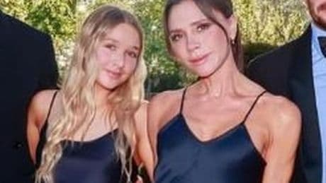 Victoria and Harper Beckham twin in matching dresses for David's lavish 50th birthday party