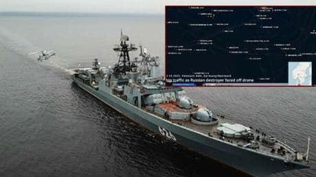 Nave da guerra russa minacciata da un drone misterioso a Fehmarn (tra Germania e Danimarca), il cacciatorpediniere tenta di abbatterlo