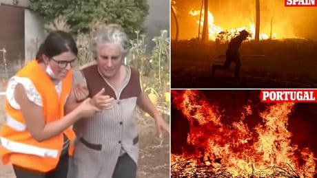Harrowing moment Portuguese pensioner is dragged away as she watches her house burn in ferocious wildfires - as deadly blazes rage on in Iberian peninsular