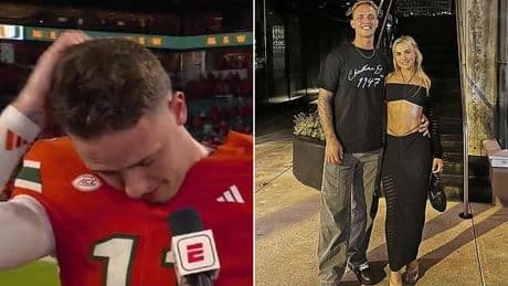 Carson Beck chokes up in emotional postgame interview after ugly breakup from basketball star Hanna Cavinder