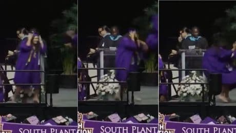 Un recién graduado da una patada en la cara a una compañera tras celebrar su título con una voltereta