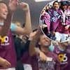 Chart-topping Noughties popstar belts out one of her famous hits with Burnley stars in dressing room as she makes shock appearance to celebrate their promotion to Premier League