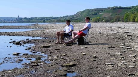 Sonnenliegen statt Schiffe - Rhein fällt unter kritische Marke