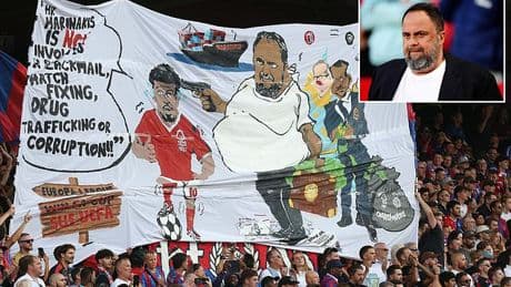 FA to investigate Crystal Palace fans' banner mocking Nottingham Forest owner Evangelos Marinakis