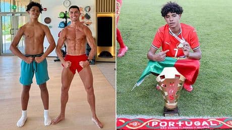 Like father, like son! Cristiano Ronaldo, 40, and son Cristiano Jr, 14, show off their matching ripped physiques as they cause social media stir