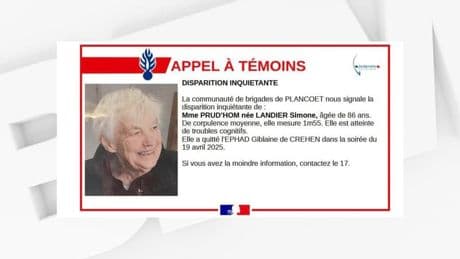 Côtes-d'Armor: un appel à témoins lancé après la disparition inquiétante d'une femme de 86 ans de son Ehpad