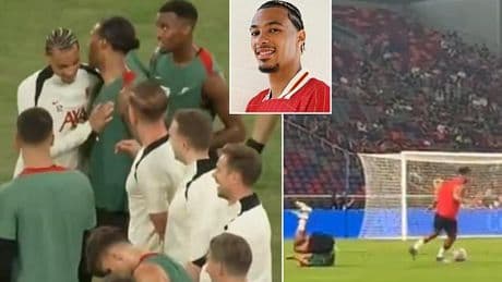 Hugo Ekitike meets new Liverpool team-mates for first time on pitch in Hong Kong after training drill that saw Mo Salah floor wantaway Luis Diaz with crunching tackle
