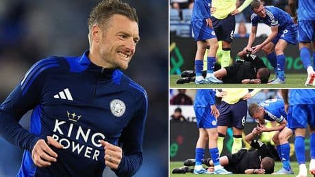 Jamie Vardy hilariously brings a halt to play by blowing the referee's whistle as official is forced off injured on his Premier League debut in Leicester's clash with Southampton