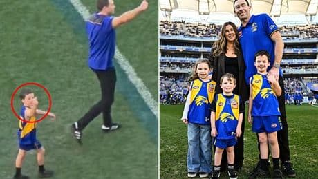 Most parents would be mortified if their little boy gave the middle finger to strangers. Here's why a footy star had a range of T-shirts made up when his son did it in front of thousands of fans