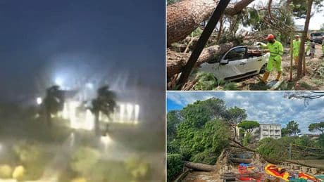 Freak maritime 'supercell' storm sparks chaos in Italian tourist hotspot as cars are crushed by falling trees and buildings flooded - with more wild weather to come