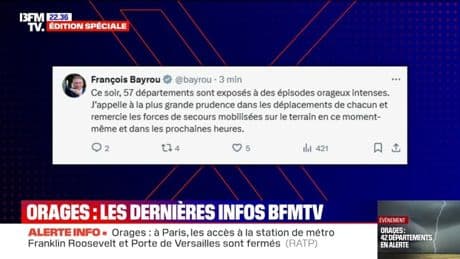 Orages: François Bayrou "appelle à la plus grande prudence dans les déplacements de chacun"