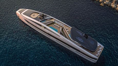 ‘Solar-powered’ 640-FOOT superyacht with room for 112 guests boasts private gardens, beach club and on-board restaurant