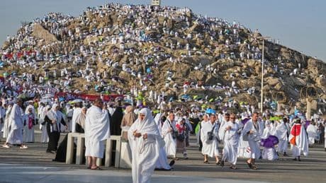 Muslim pilgrims seek forgiveness and shade on Mount Arafat during key Hajj ritual