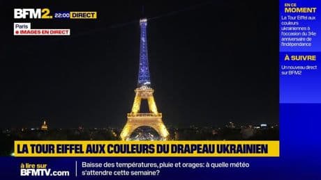 Ukraine/34e anniversaire de l'indépendance : la Tour Eiffel s'illumine en bleu et jaune