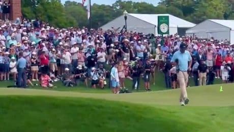Bizarre scenes as bright green sex toy thrown on 18th green at PGA FedEx Cup as angry star boots it into bunker