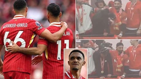Trent Alexander-Arnold breaks down in tears during Liverpool's trophy parade... and is consoled by Mohamed Salah as he waves a final farewell to Reds fans after controversial exit