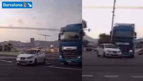 La impactante escena en una rotonda de Barcelona en la que un camión sale desde el carril interior e incumpliendo las marcas viales y obliga a otro coche a salvarse de la situación con otra temeridad: “Y le da igual, ni se ha enterado”