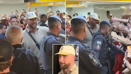 Travis Kelce is mobbed by adoring fans as Kansas City Chiefs touch down in Brazil for season-opening NFL game