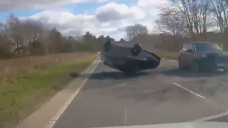 Terrifying dash cam footage shows overtaking driver flip car before crashing into other vehicle