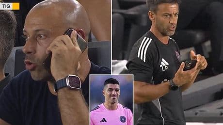 Incredible moment former Liverpool star Javier Mascherano issues tactical instructions on the PHONE from the stands after being sent off