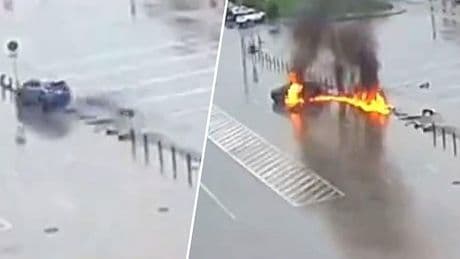 Bizar ongeval in Rusland: auto vliegt in brand