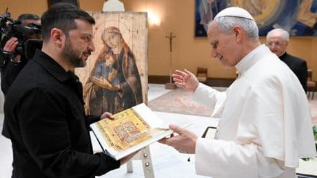 Pope Leo XIV greets President Zelensky and JD Vance after inauguration mass