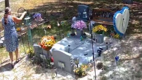Heartless woman caught stealing from cemetery grave to decorate her garden