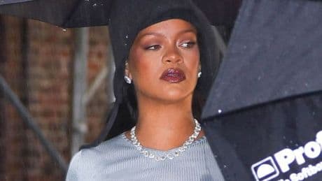 Pregnant Rihanna offers peak of bare bump as she's spotted in blue ensemble before Met Gala