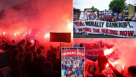 Crystal Palace fans gather at Selhurst Park to fiercely protest against UEFA's decision to kick them out of the Europa League