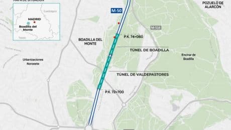 La M-50 cierra carriles al tráfico por obras en los túneles de Boadilla y Valdepastores