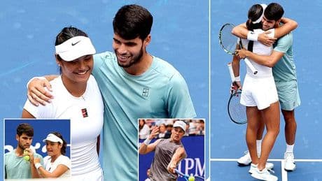 Giggling Emma Raducanu and Carlos Alcaraz show how much they enjoy each other's company with plenty of chemistry in US Open mixed doubles defeat, writes MATTHEW LAMBWELL