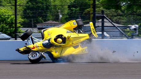 Indy500 car totally destroyed as driver Scott McLaughlin goes flying through air after horror practice crash
