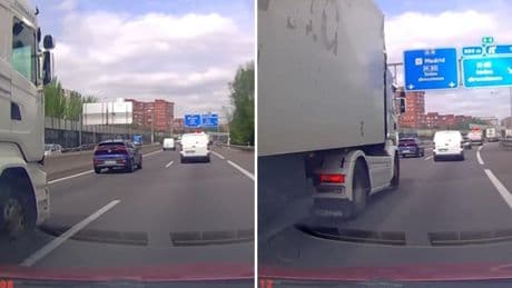 El temerario adelantamiento de un camión a un coche en una autopista dirección a Madrid: “El intermitente te da poder”