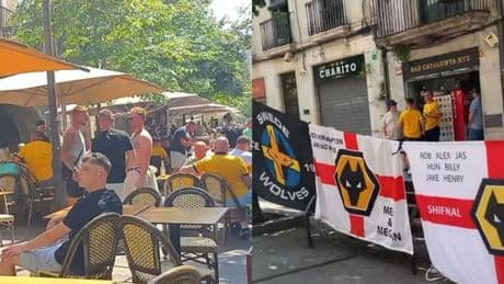 Los aficionados del Wolves invaden las calles de Girona antes del partido