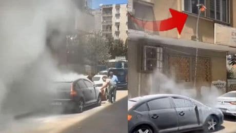 Yanan otomobilini bakın nasıl söndürmeye çalıştı! Mardin'de ilginç olay kamerada...
