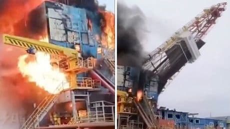 Russia in flames after oil rig collapses – watch moment it topples to the ground