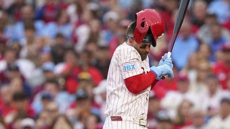 Bryce Harper leaves game after getting hit in surgically repaired elbow