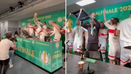 Als Stuttgarter Pokalhelden Trainer-PK stürmen, wird es nass und laut