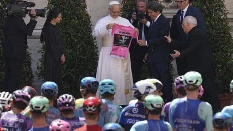 Pope Leo XIV blesses cyclists competing in the Giro d'Italia as final stage enters Vatican gardens