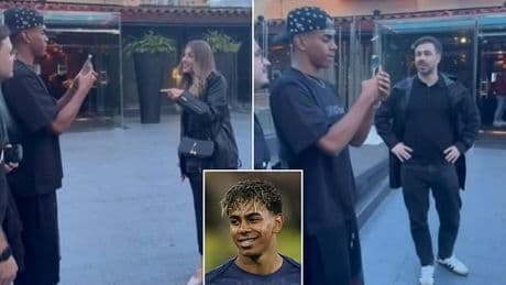 Hilarious moment Lamine Yamal gives FAKE name to woman who asked Barcelona star to take photo - before realising it was the teenage sensation