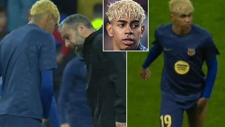 Barcelona are dealt major injury scare moments before Champions League semi-final clash with Inter Milan as Lamine Yamal appears to suffer groin issue during warm-up