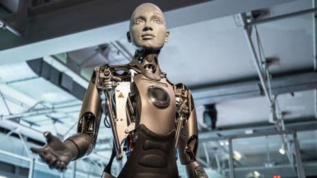 Menschenähnlicher Roboter: Ameca lächelt und spricht: humanoider Roboter im HNF-Museum