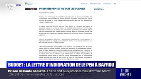 Budget 2026: la lettre d'indignation de Marine Le Pen à François Bayrou