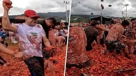 Opmerkelijke beelden: feestvierders bekogelen elkaar met tomaten